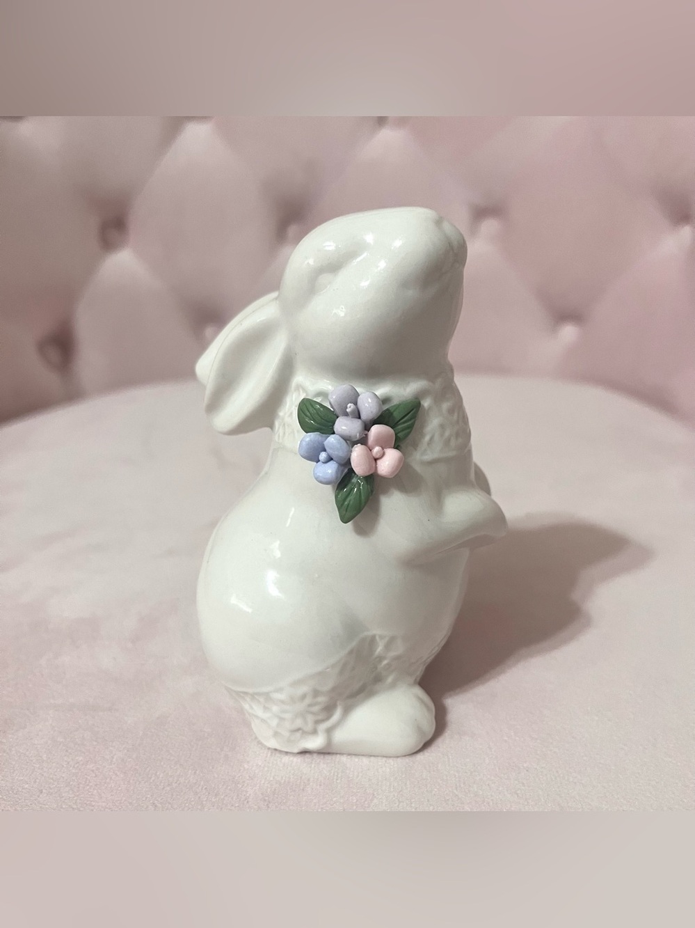 White Ceramic Bunny Rabbit Figurine with Flowers